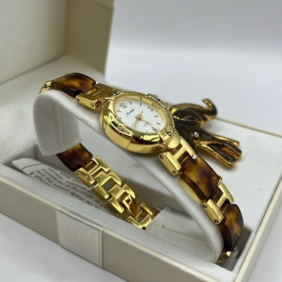Elephant Novelle watch Faux Tortoise Gold Tone Link Watch  Pin Gift Set - Picture 5 of 10